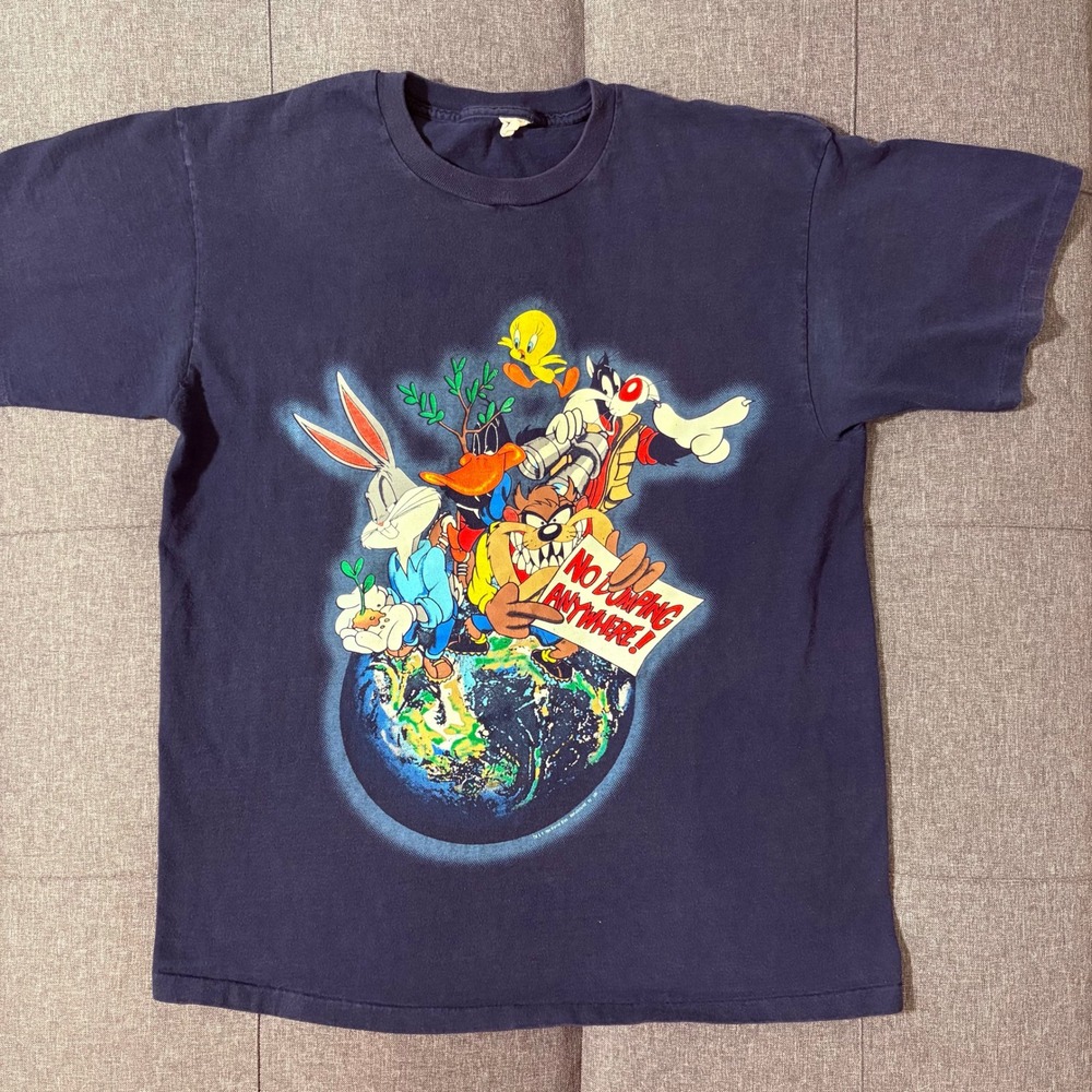 Vintage 90 Looney Tunes No Dumping Anymore! TShirt XL Blue Cartoon Single Stitch